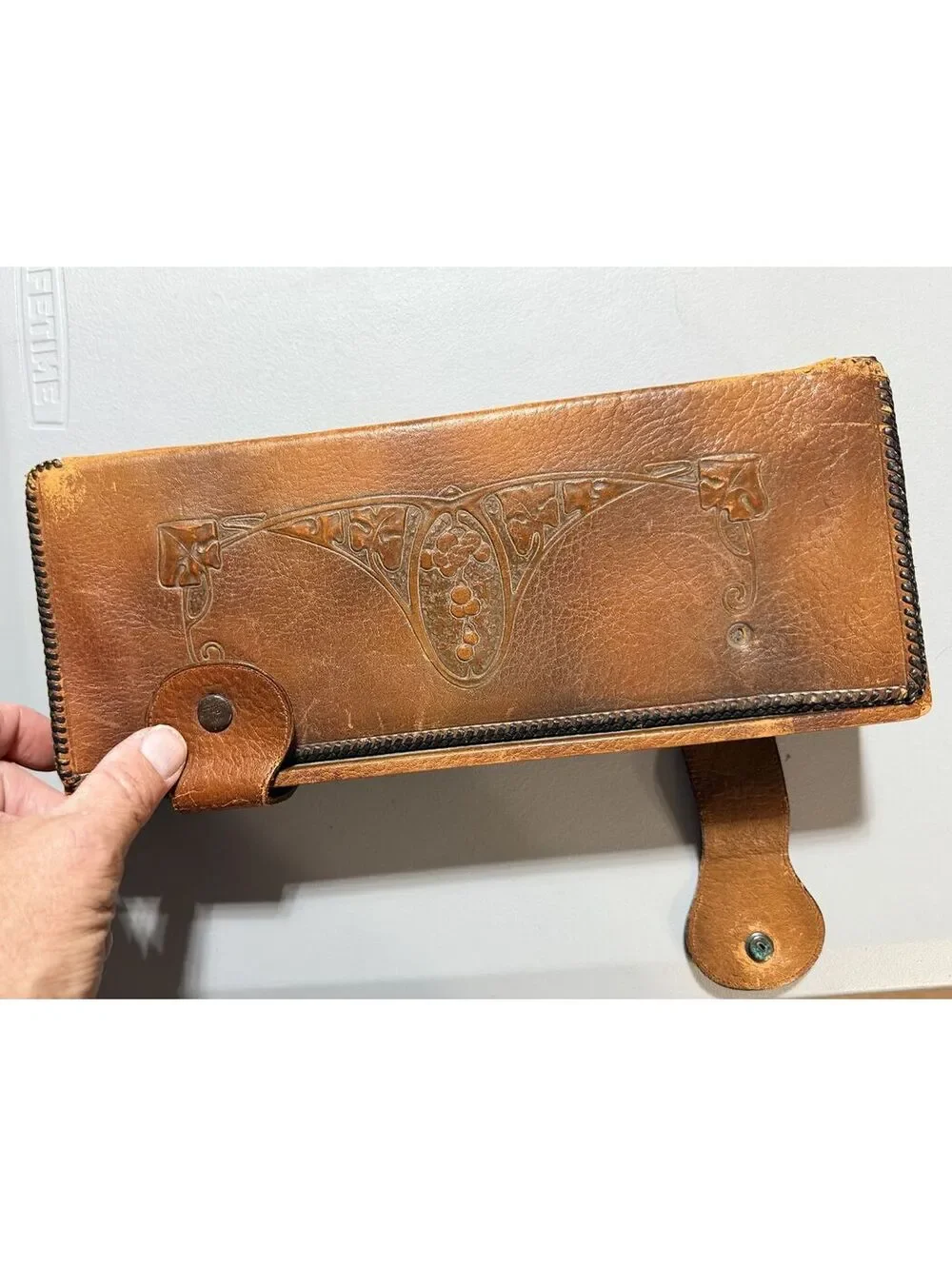 Vintage Tooled Leather Drafting Math Instrument Case Box Western Floral Embossed
